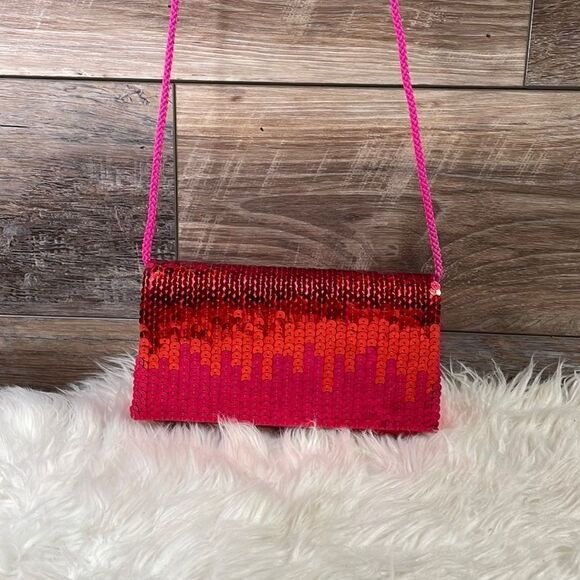 Jessica Mcclintock Satin Sequined Reddish Pink Shoulder Evening Bag Purse - Picture 2 of 7